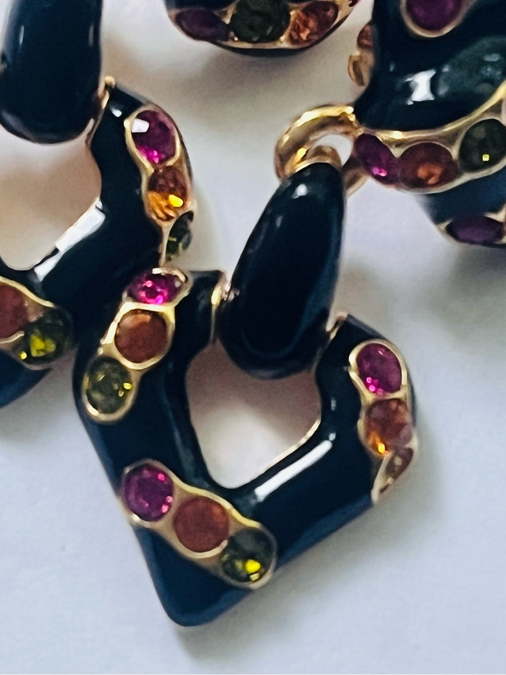 Black Enamel Heart Hoop Earrings with Multicolor Stones